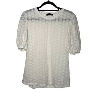Gracia Floral Lace Puff Sleeve Top Womens Small‎ White Textured Crewneck Blouse